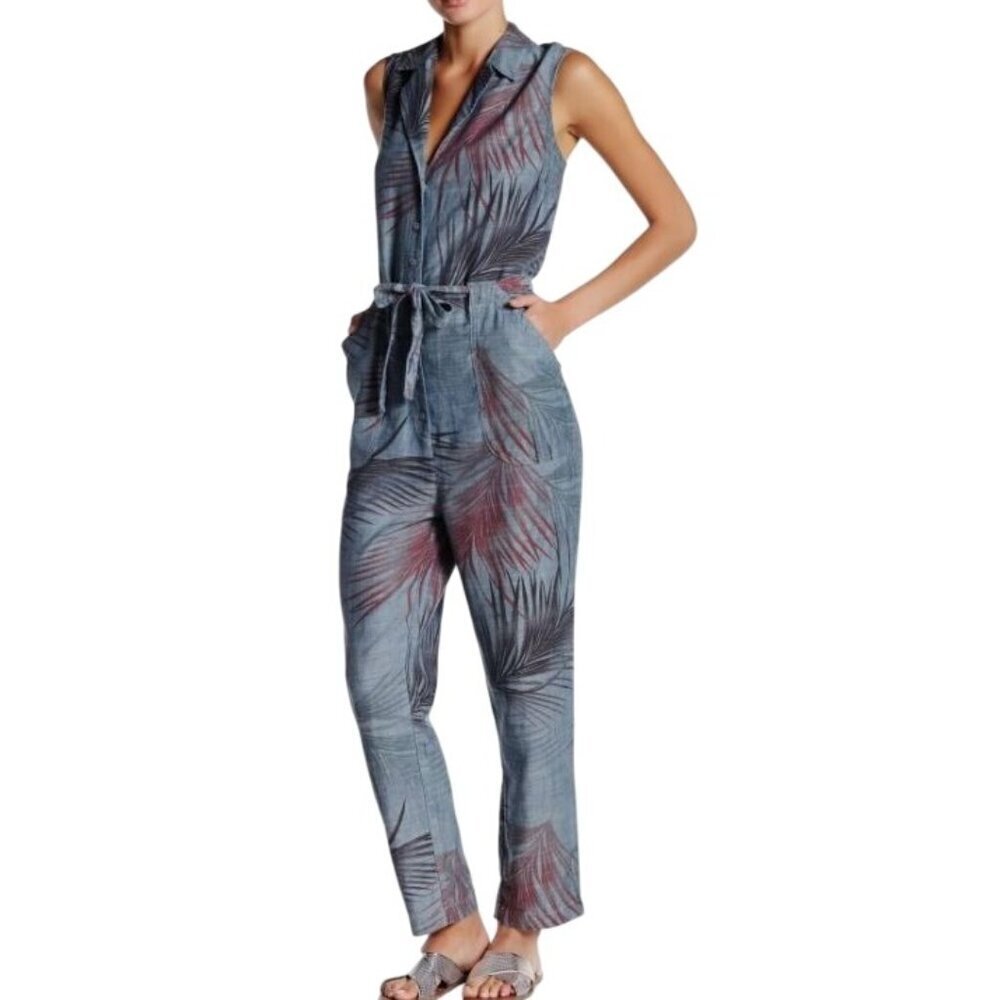 Anthropologie Level 99 Women's Jumpsuit Gray Chambray Tropical Linen Medium
